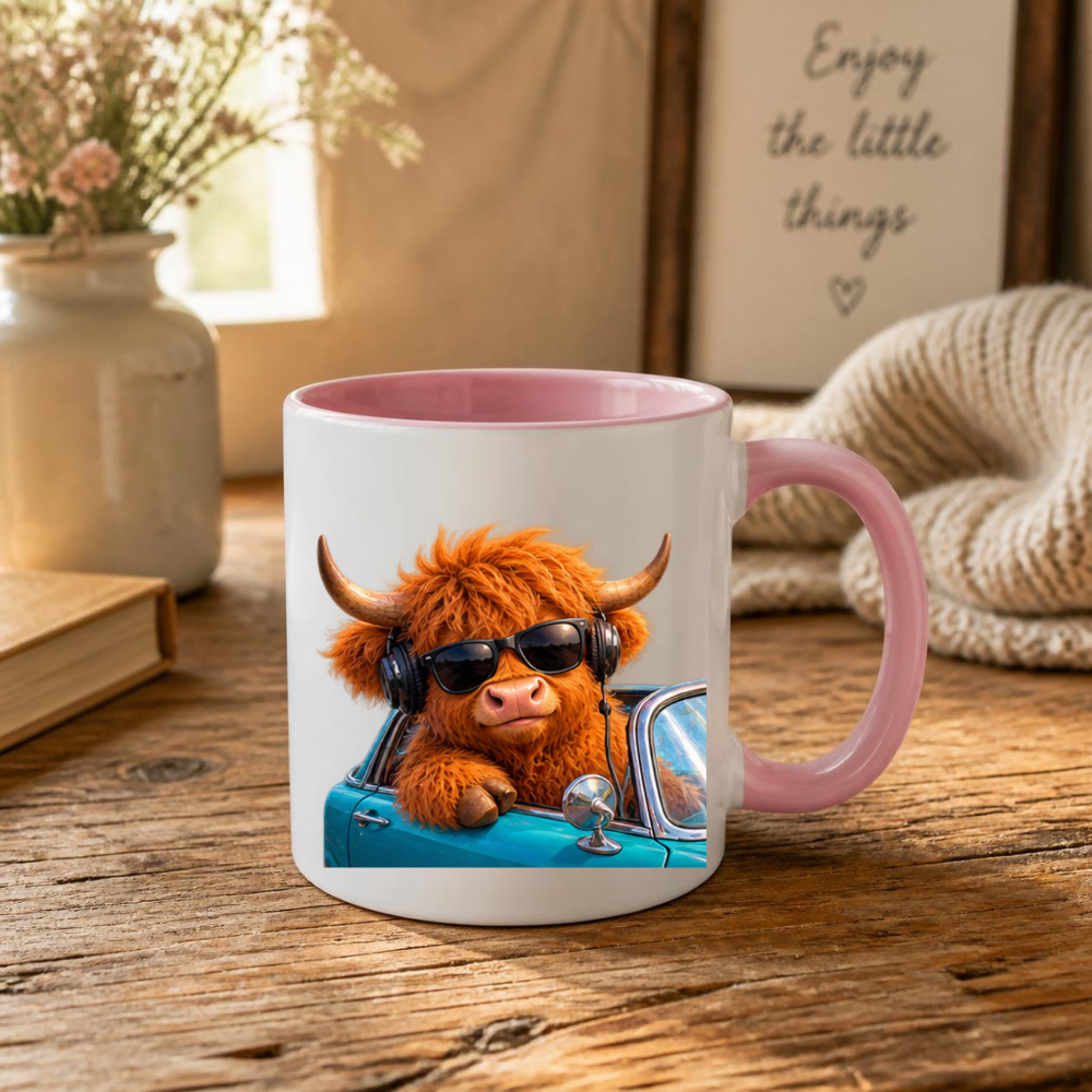 Cool Highland Cow Driving Convertible Car Coffee Mug - Sunglasses & Headphones Farm Animal Ceramic Tea Cup for Drivers & Music Lovers (M1217)
