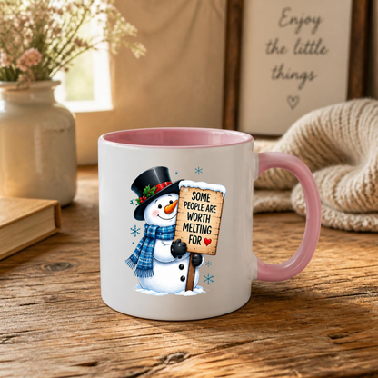 Heartwarming Mug "Some People Are Worth Melting For" Snowman Ceramic Coffee Mug – Cute Winter Holiday Tea Cup with Blue Scarf & Wooden Sign Quote Gift | Available in Multicolours | Fast Dispatch by UK Seller (M1233)