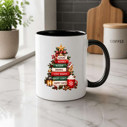 Book Tree Christmas Mug "Good Books Warm Drinks Cosy Nights" Good Books Warm Drinks Cosy Nights 325ml Ceramic Coffee Mug – Festive Christmas Book Stack Tree with Golden Star & Holiday Elements | Winter Gift | Fast Dispatch by UK Seller (M3428)