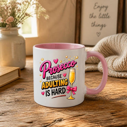 Humorous Mug "Prosecco Because Adulting Is Hard" 325ml Ceramic Coffee Mug Funny Wine Lover Tea Cup with Champagne Flute, Pink Bow & Bubbles Gift | Available in Multicolours | Fast Dispatch by UK Seller (M1303)