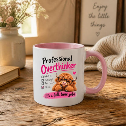 Humorous Mug "Professional Overthinker" Highland Cow 325ml Ceramic Coffee Mug Funny Relatable Tea Cup with Glasses & Checklist Gift | Available in Multicolours | Fast Dispatch by UK Seller (M1289)