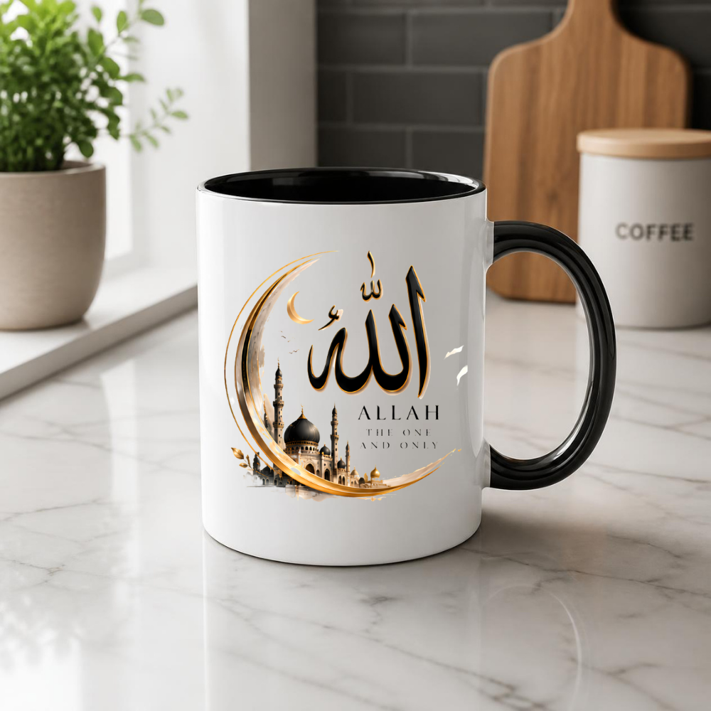 Islamic Mug "Allah The One And Only" Allah The One And Only 325ml Ceramic Coffee Mug – Elegant Arabic Calligraphy & Golden Crescent Moon Mosque Artwork | Islamic Spiritual Gift | Fast Dispatch by UK Seller (M3472)