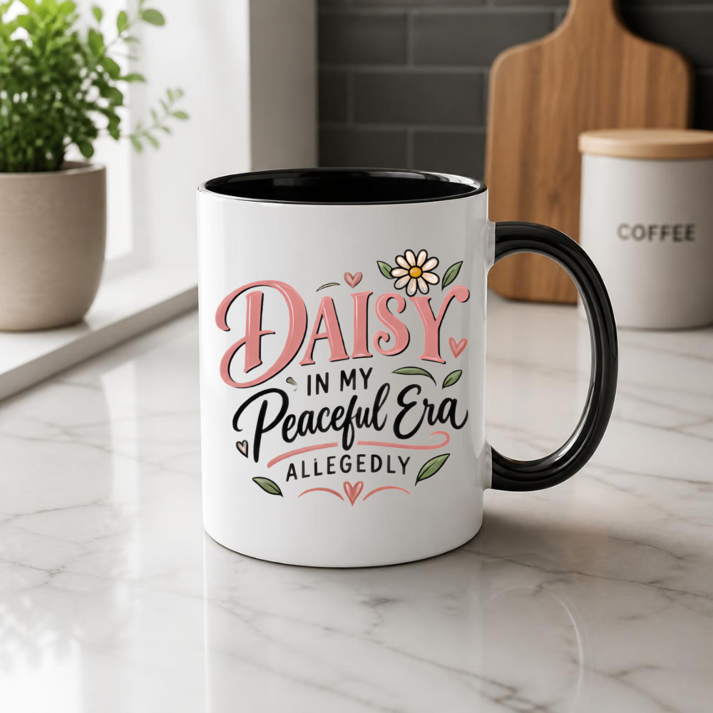 Personalized Name Mug "Daisy In My Peaceful Era Allegedly" Daisy In My Peaceful Era Allegedly 325ml Ceramic Coffee Mug – Custom Name Typography Slogan with Daisy Flower & Leaf Flourishes | Funny Gift | Fast Dispatch by UK Seller (M3424)