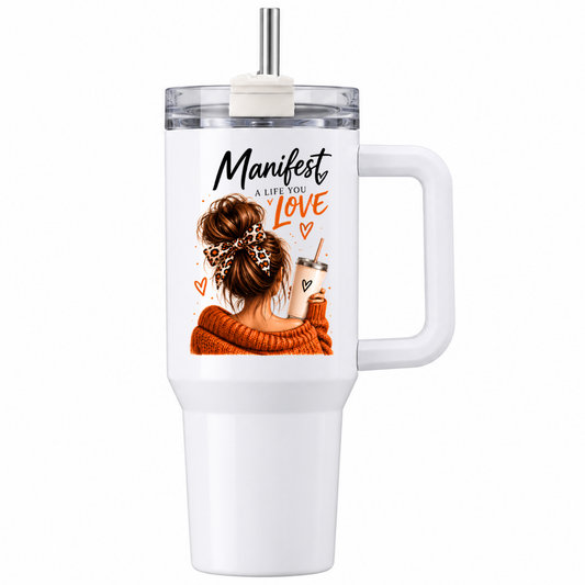 Inspirational Lifestyle Travel Tumbler "Manifest A Life You Love" Graphic 40oz Stainless Steel Insulated Travel Mug with Handle & Straw – Cozy Woman Messy Bun, Leopard Hair Bow, Terracotta Jumper & Iced Coffee Cup | Fast Dispatch by UK Seller (T3034)