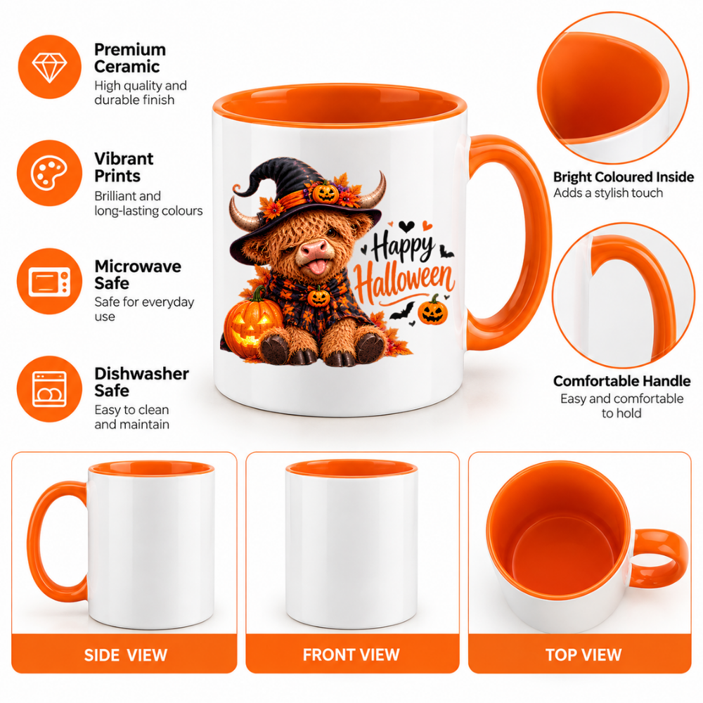 Halloween Mug "Highland Cow Witch Happy Halloween" Highland Cow Witch Happy Halloween 325ml Ceramic Coffee Mug–Cute Halloween Autumn Tea Cup Witch Hat Scarf Glowing Jack O Lanterns Fall Leaves Bats Graphic Gift | Fast Dispatch by UK Seller (M3216)