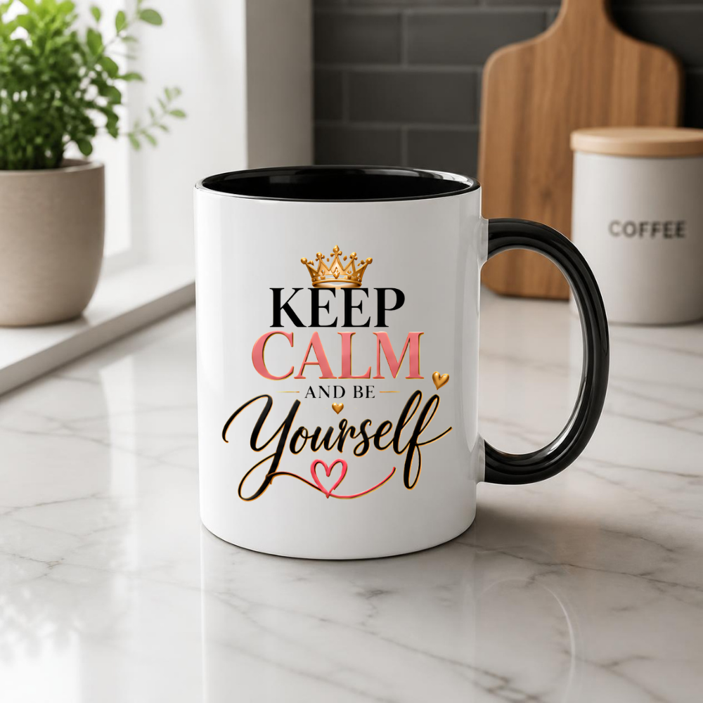 Motivational Mug "Keep Calm And Be Yourself" 325ml Ceramic Coffee Tea Cup – Gold Crown, Elegant Script & Heart Slogan Novelty Gift for Women, Friends, Birthday, Colleagues – Fast Dispatch by UK Seller (M3490)