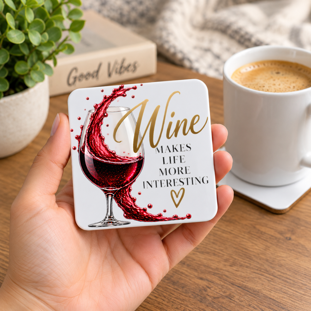 Sassy Wine Hardboard Coaster "Wine Makes Life More Interesting" Graphic 9cm x 9cm Square Drinks Coaster “ Red Wine Glass with Dynamic Liquid Splash Novelty Mat | Elegant Glossy Gift for Wine Lovers | Fast Dispatch by UK Seller (C3013)