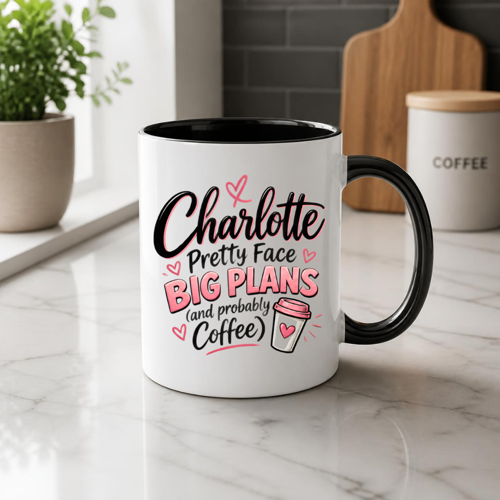 Personalized Name Mug "Charlotte Pretty Face Big Plans (and probably Coffee)" Charlotte Pretty Face Big Plans 325ml Ceramic Coffee Mug – Custom Name Typography Slogan with Pink Hearts & Coffee Cup Graphic | Funny Gift | Fast Dispatch by UK Seller (M3441)