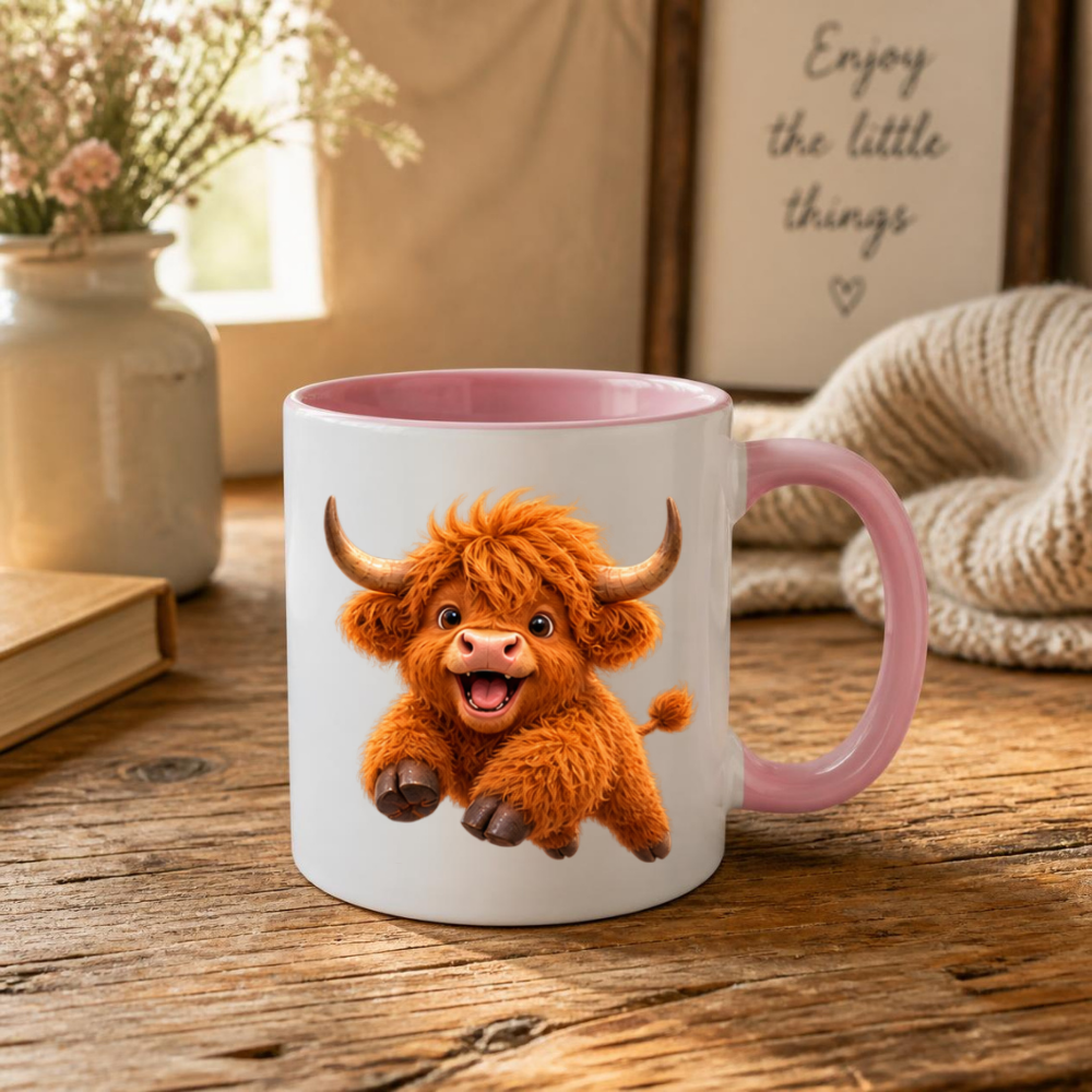 Joyful Jumping Baby Highland Cow Coffee Mug - Cute Playful Farm Animal Ceramic Tea Cup for Happy Morning & Animal Lover Gift (M1216)