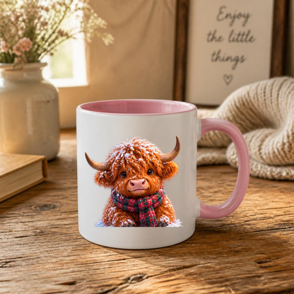 Winter Snow Highland Cow Coffee Mug - Fluffy Baby Animal in Plaid Scarf Ceramic Tea Cup for Christmas & Cozy Holiday Decor (M1215)
