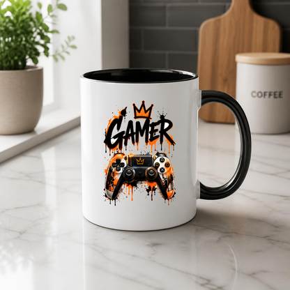 Gaming Mug "Gamer" Gamer 325ml Ceramic Coffee Mug – Gaming Controller Mug with Crown & Orange Paint Splatter Art | Video Game Gift | Fast Dispatch by UK Seller (M3343)