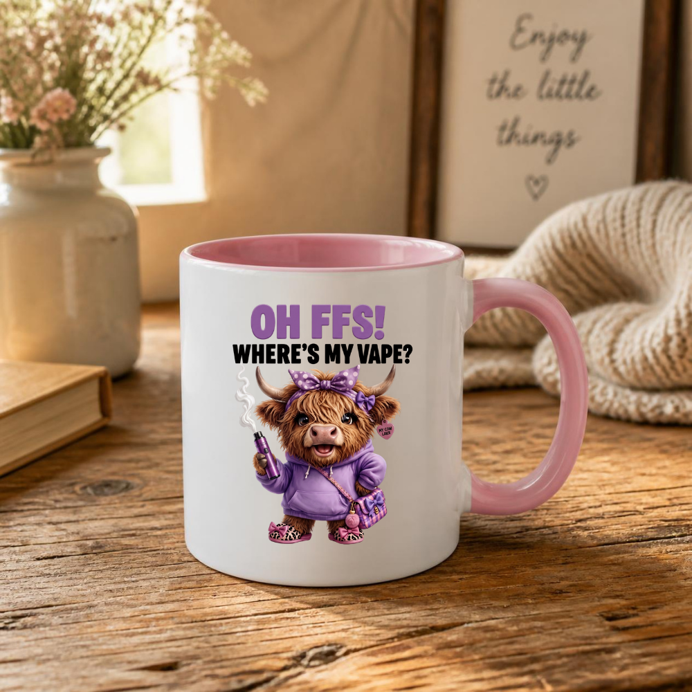 Funny Highland Cow "Where's My Vape" Coffee Mug - Sarcastic Meme Animal Ceramic Tea Cup for Vapers & Novelty Gift (M1205)