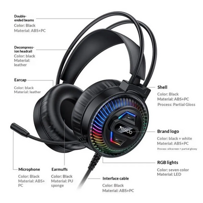 Yesido RGB Gaming Headset with HD Microphone & 40mm Audio Drivers | HiFi Over-Ear Wired USB PC Gamer Headphones with 1.8M Cable
