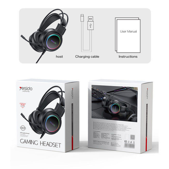 Yesido Wired RGB Gaming Headset with HD Microphone & Surround Sound – Black