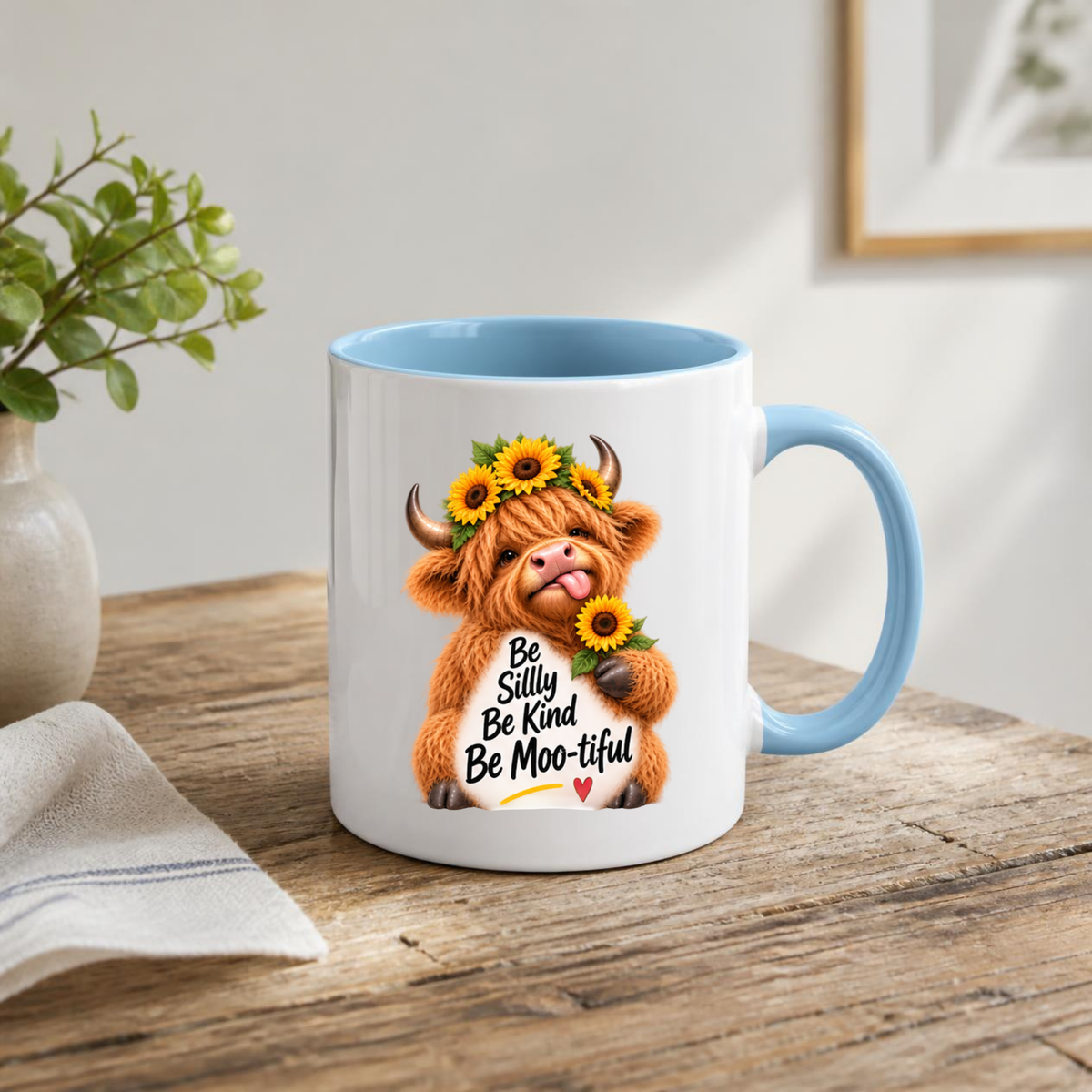 Uplifting Mug "Be Silly Be Kind Be Moo-tiful" Highland Cow Ceramic Coffee Mug - Cute Sunflower Farm Animal Tea Cup with Floral Crown Gift | Available in Multicolours | Fast Dispatch by UK Seller (M1224)