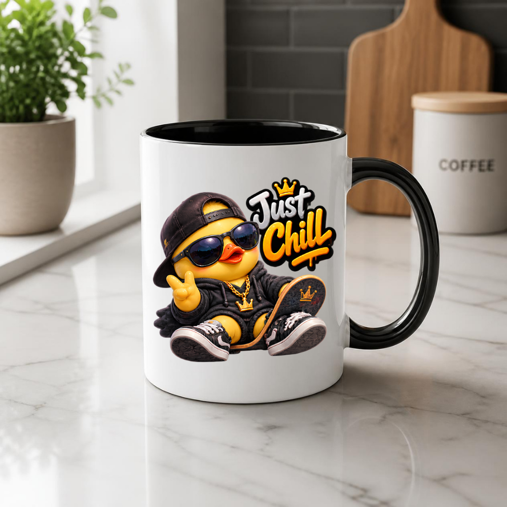 Skateboard Mug "Just Chill Cool Duck" Just Chill 325ml Ceramic Coffee Mug – Cool Skater Duck in Black Hoodie, Cap, Sunglasses & Gold Crown Chain With Skateboard Fun Gift For Skaters Friends | Available in Multicolours | Fast Dispatch by UK Seller (M3252)