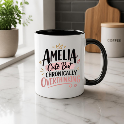 Personalized Name Mug "Amelia Cute But Chronically Overthinking" Amelia Cute But Chronically Overthinking 325ml Ceramic Coffee Mug – Custom Name Typography Slogan with Crown, Hearts & Pink Highlight Banner | Funny Gift | Fast Dispatch by UK Seller (M3448)