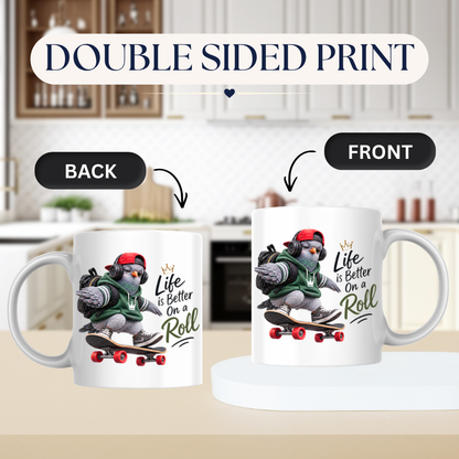 Skateboard Mug "Life Is Better On A Roll Cool Pigeon" 325ml Ceramic Coffee Mug – Cool Skater Pigeon with Red Cap, Headphones Green Hoodie Skateboard Gift For Skaters Friends | Available in Multicolours | Fast Dispatch by UK Seller (M3239)