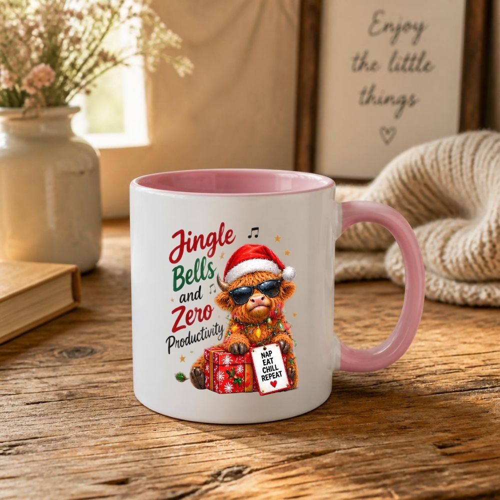 Festive Mug "Jingle Bells and Zero Productivity" Highland Cow 325ml Ceramic Coffee Mug Funny Christmas Holiday Tea Cup with Sunglasses, Fairy Lights & Gift Tag | Available in Multicolours | Fast Dispatch by UK Seller (M1294)