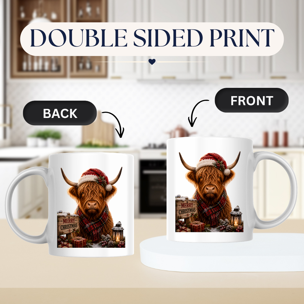 Festive Mug "Merry Christmas Highland Cow" Christmas Highland Cow 325ml Ceramic Coffee Mug Festive Winter Tea Cup with Santa Hat and Tartan Scarf Graphic Gift | Available in Multicolours | Fast Dispatch by UK Seller (M3157)