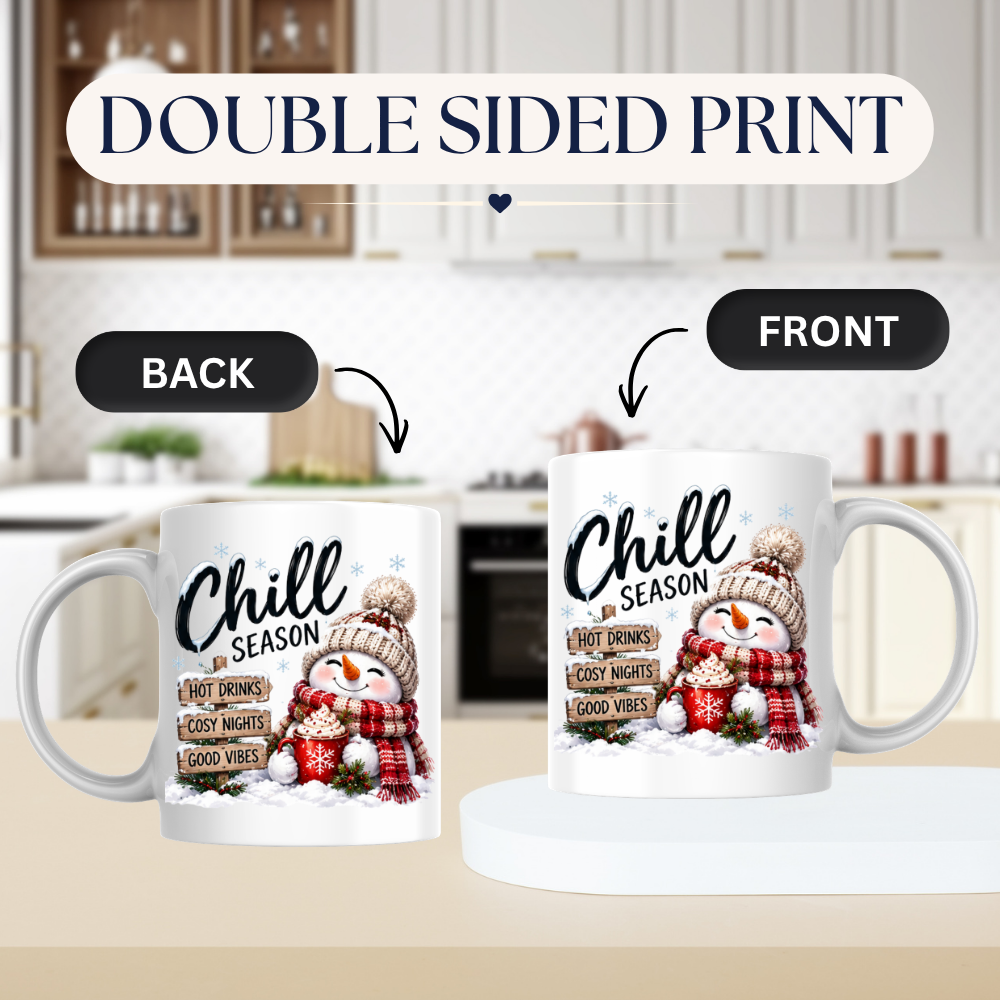 Snowman Chill Season Mug "Chill Season Hot Drinks Cosy Nights Good Vibes" Chill Season Hot Drinks 325ml Ceramic Coffee Mug – Cute Snowman in Beanie & Scarf holding Hot Chocolate Mug with Wooden Sign Post | Winter Gift | Fast Dispatch by UK Seller (M3400)