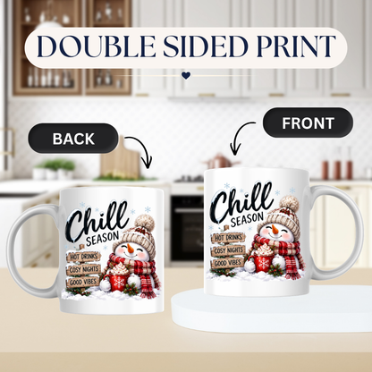 Snowman Chill Season Mug "Chill Season Hot Drinks Cosy Nights Good Vibes" Chill Season Hot Drinks 325ml Ceramic Coffee Mug – Cute Snowman in Beanie & Scarf holding Hot Chocolate Mug with Wooden Sign Post | Winter Gift | Fast Dispatch by UK Seller (M3400)