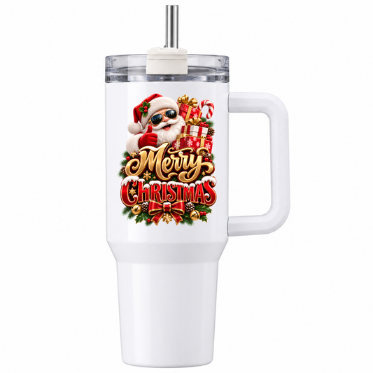 Festive Christmas Travel Tumbler "Merry Christmas" Graphic 40oz Stainless Steel Insulated Travel Mug with Handle & Straw – Cool Santa in Sunglasses with Gift Boxes, Candy Cane & Red Bow Holiday Gift | Fast Dispatch by UK Seller (T3070)