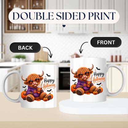 Halloween Mug "Cool Pumpkin Spice Happy Halloween" Cool Hoodie Highland Cow 325ml Ceramic Coffee Mug – Trendy Halloween Tea Cup with Pumpkin Sunglasses Iced Drink Graphic Gift | Available in Multicolours | Fast Dispatch by UK Seller (M3169)