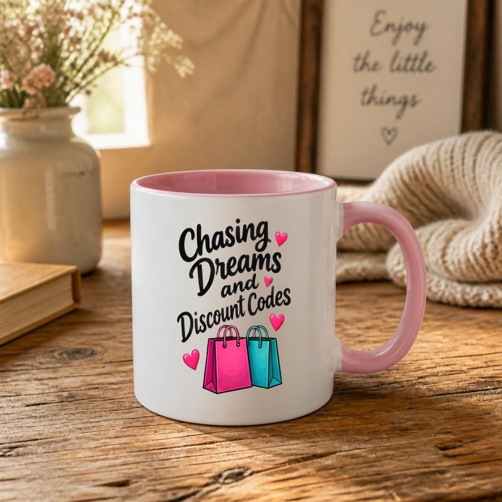 Humorous Mug "Chasing Dreams and Discount Codes" 325ml Ceramic Coffee Mug Funny Shopping Lover Tea Cup with Pink & Teal Shopping Bags & Hearts Graphic Gift | Available in Multicolours | Fast Dispatch by UK Seller (M1316)