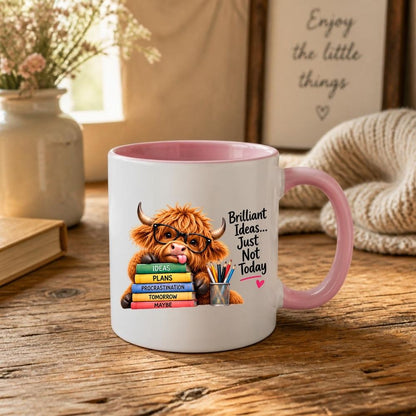 Humorous Mug "Brilliant Ideas... Just Not Today" Highland Cow 325ml Ceramic Coffee Mug Cute Animal Tea Cup with Glasses, Stacked Books & Pencils | Available in Multicolours | Fast Dispatch by UK Seller (M1281)