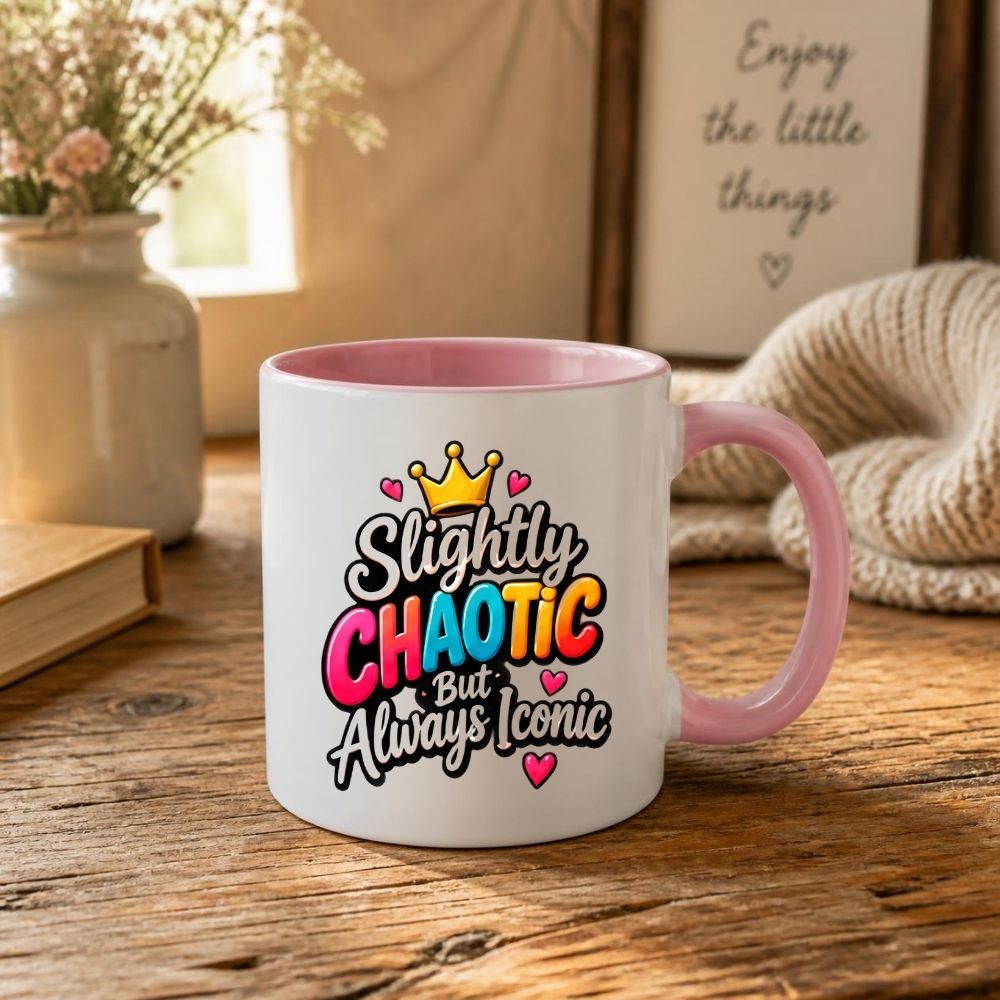 Sassy Mug "Slightly Chaotic But Always Iconic" 325ml Ceramic Coffee Mug Cute Bold Typography Tea Cup with Gold Crown & Pink Hearts Gift | Available in Multicolours | Fast Dispatch by UK Seller (M1301)