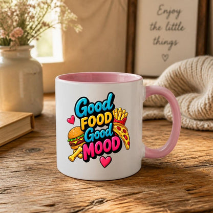 Foodie Mug "Good Food Good Mood" 325ml Ceramic Coffee Mug Cute Fast Food Lover Tea Cup with Burger, Pizza Slice & Fries Gift | Available in Multicolours | Fast Dispatch by UK Seller (M1308)