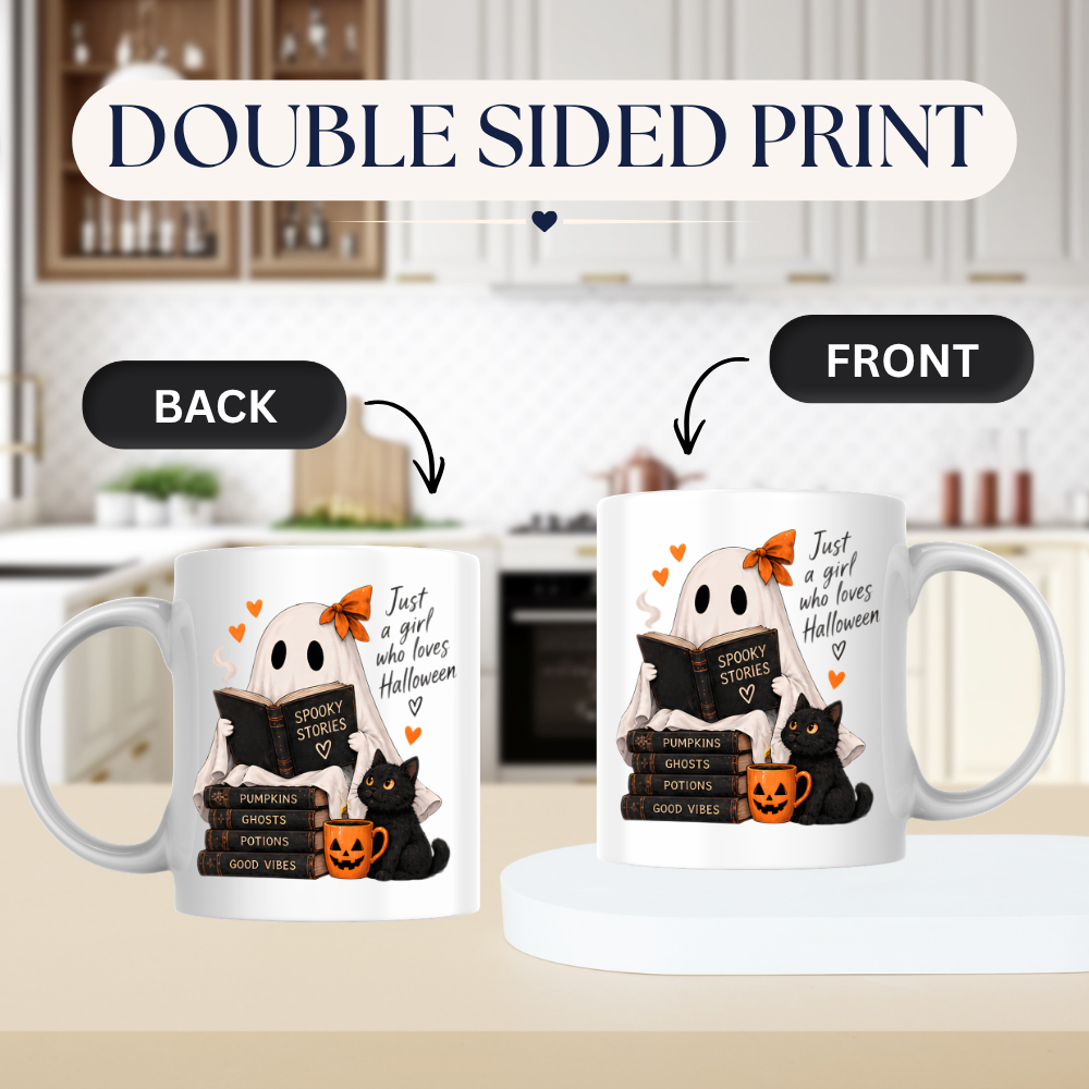 Halloween Mug "Reading Ghost Just a Girl Who Loves Halloween" 325ml Ceramic Coffee Mug–Cute Halloween Autumn Tea Cup With Reading Sheet Ghost Spooky Books Cat Graphic Gift | Available in Multicolours | Fast Dispatch by UK Seller (M3227)