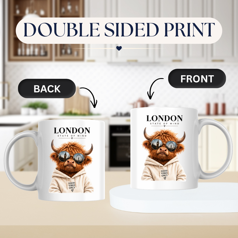 London State of Mind Highland Cow Mug "LONDON State of Mind, Good Vibes Only" Graphic 325ml Ceramic Coffee Cup Cool Highland Cow in Sunglasses Novelty Tea Cup | Trendy London Gift for Her & Him | Available in Multicolours | Fast Dispatch (M3139)