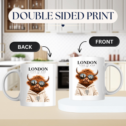 London State of Mind Highland Cow Mug "LONDON State of Mind, Good Vibes Only" Graphic 325ml Ceramic Coffee Cup Cool Highland Cow in Sunglasses Novelty Tea Cup | Trendy London Gift for Her & Him | Available in Multicolours | Fast Dispatch (M3139)