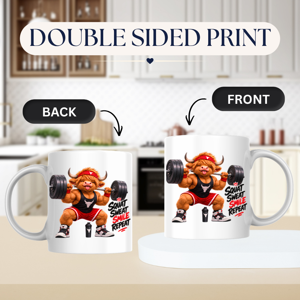 Gym Mug "Squat Sweat Smile Repeat Highland Cow" Squat Sweat Smile Repeat 325ml Ceramic Coffee Mug – Muscular Highland Cow Squatting Heavy Barbell In Headband Tank Top Gym Fitness Gift | Available in Multicolours | Fast Dispatch by UK Seller (M3276)