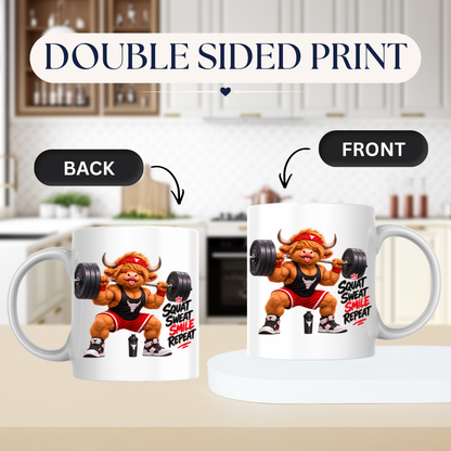 Gym Mug "Squat Sweat Smile Repeat Highland Cow" Squat Sweat Smile Repeat 325ml Ceramic Coffee Mug – Muscular Highland Cow Squatting Heavy Barbell In Headband Tank Top Gym Fitness Gift | Available in Multicolours | Fast Dispatch by UK Seller (M3276)