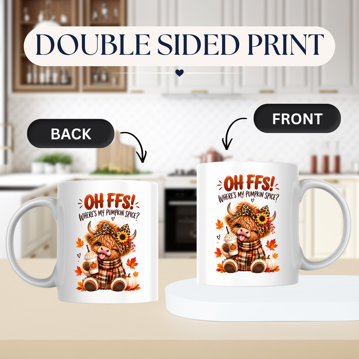 Autumn Highland Cow Mug "Oh FFS! Where's My Pumpkin Spice?" Oh FFS! Where's My Pumpkin Spice? 325ml Ceramic Coffee Mug – Cute Highland Cow with Leopard Bow, Scarf & Pumpkin Coffee | Fall Coffee Lover Gift | Fast Dispatch by UK Seller (M3364)
