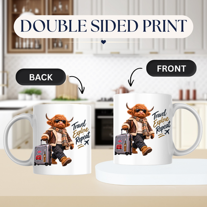 Travel Mug "Travel Explore Repeat Highland Cow" Travel Explore Repeat 325ml Ceramic Coffee Mug – Cool Explorer Highland Cow with Suitcase Shearling Jacket Sunglasses Holiday Wanderlust Gift | Available in Multicolours | Fast Dispatch by UK Seller (M3288)