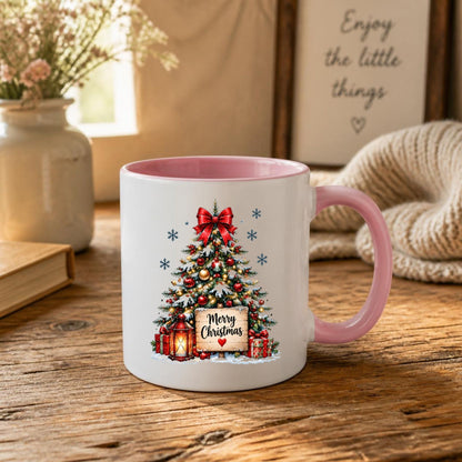 Cozy Mug "Merry Christmas" Red Bow Christmas Tree 325ml Ceramic Coffee Mug – Festive Winter Holiday Tea Cup with Lantern, Sign & Gifts Gift | Available in Multicolours | Fast Dispatch by UK Seller (M1264)