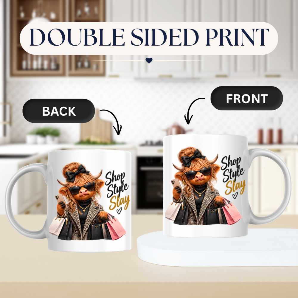 Highland Cow Mug "Shop Style Slay Highland Cow" Shop Style Slay 325ml Ceramic Coffee Mug – Glamorous Highland Cow with Shopping Bags, Smartphone Sunglasses Plaid Coat Fashion Gift | Available in Multicolours | Fast Dispatch by UK Seller (M3282)