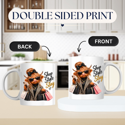 Highland Cow Mug "Shop Style Slay Highland Cow" Shop Style Slay 325ml Ceramic Coffee Mug – Glamorous Highland Cow with Shopping Bags, Smartphone Sunglasses Plaid Coat Fashion Gift | Available in Multicolours | Fast Dispatch by UK Seller (M3282)