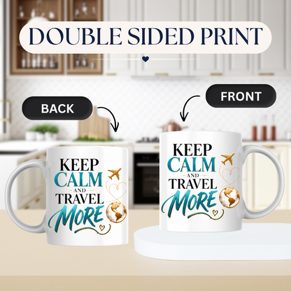 Travel Mug "Keep Calm And Travel More" 325ml Ceramic Coffee Tea Cup – Teal & Gold Typography, Globe & Airplane Slogan Novelty Gift for Travelers, Adventurers, Birthday – Fast Dispatch by UK Seller (M3495)