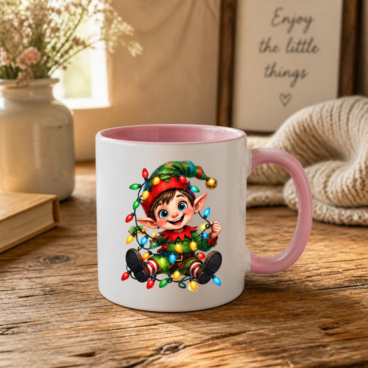 Festive Mug Tangled Fairy Lights Christmas Elf 325ml Ceramic Coffee Mug Cute Holiday Tea Cup with Jingle Bell Hat & Colorful Lights Gift | Available in Multicolours | Fast Dispatch by UK Seller (M1243)