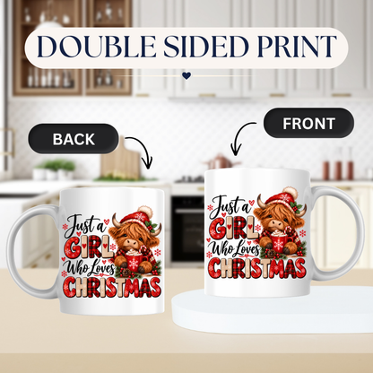 Christmas Highland Cow Mug "Just A Girl Who Loves Christmas" Just A Girl Who Loves Christmas 325ml Ceramic Coffee Mug – Festive Highland Cow in Santa Hat with Hot Cocoa & Buffalo Plaid Typography | Holiday Gift | Fast Dispatch by UK Seller (M3460)