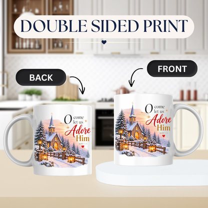 Christmas Mug "O Come Let Us Adore Him Luke 2:11" O Come Let Us Adore Him 325ml Ceramic Coffee Mug – Festive Winter Church Scene Mug with Lanterns Snow Dusted Trees Holiday Gift | Available in Multicolours | Fast Dispatch by UK Seller (M3322)