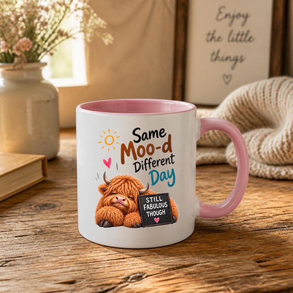 Humorous Mug "Same Moo-d Different Day" Highland Cow 325ml Ceramic Coffee Mug Funny Sassy Tea Cup with Still Fabulous Sign, Sun & Hearts Gift | Available in Multicolours | Fast Dispatch by UK Seller (M1287)