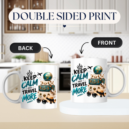 Travel Mug "Keep Calm And Travel More" 325ml Ceramic Coffee Tea Cup – Vintage Suitcases, Globe, Sunglasses & Slogan Novelty Gift for Travelers, Adventurers, Birthday – Fast Dispatch by UK Seller (M3508)
