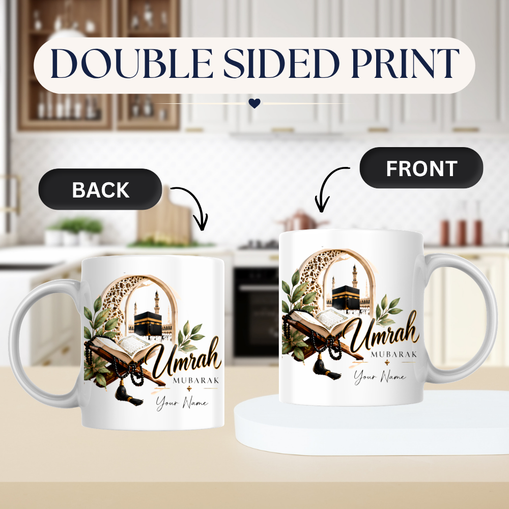 Personalised Umrah Mubarak Mug 325ml Ceramic Coffee Tea Cup – Custom Name, Holy Kaaba, Open Quran & Tasbih Prayer Beads Islamic Pilgrimage Gift for Family, Friends, Hajj Celebration – Fast Dispatch by UK Seller (M3489)