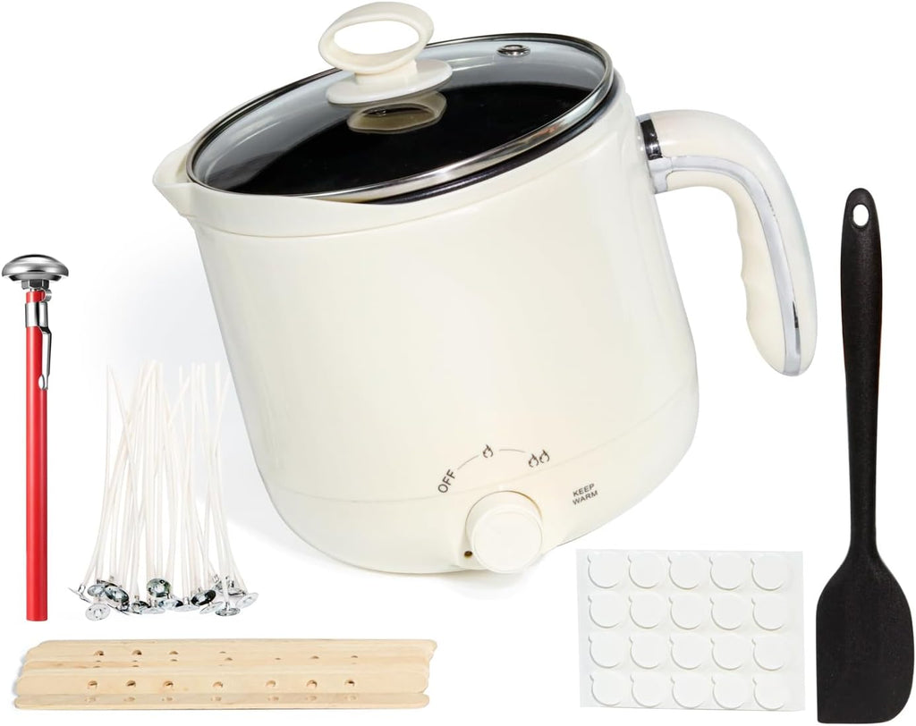 Wax Melter for Candle Making Non-stick Keep Warm 1.8L Large Electric Wax Melting Pot with Pouring Spout ，Wicks, Wick Stickers, Spoon, Candle Making Supplies - UK Plug